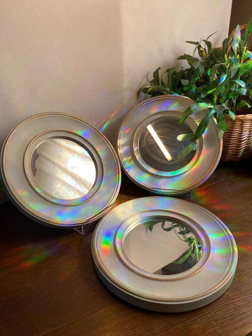 3 Round Porthole-style Accent Mirrors Wide Light Blue Brushed Finish w/Gold
